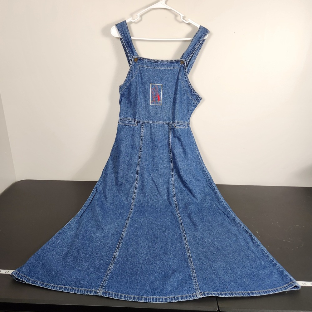 Vintage Woolrich Denim Pinafore Dress Womens Small Blue Cotton Horse Embroidered